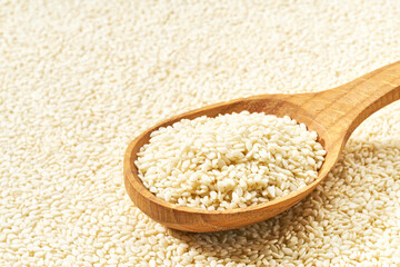 sesame seeds filled with chia seeds, selective focus.