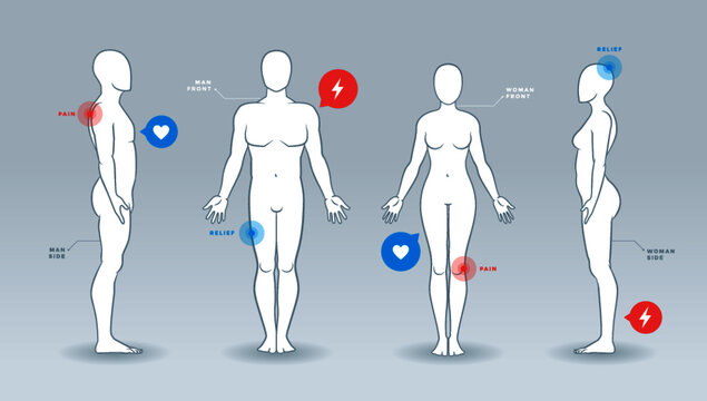 Man and woman vector silhouettes, front and side view, with medical infographics elements
