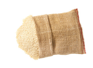 organic sesame seeds in a sack isolated on a white background with clipping path. Top view.