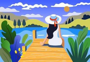 young girl is sitting near lake landscape