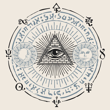 Illustration with an all-seeing eye, Sun, Moon, alchemical and Masonic symbols. Hand-drawn vector banner in the form of a circle with a third eye, esoteric and magical signs in retro style