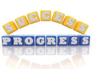SUCCESS PROGRESS concept on yellow on blue toy blocks