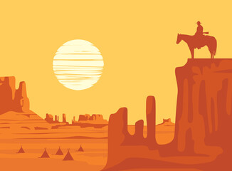 Western landscape at orange sunset with a silhouette of a cowboy on horseback and indian wigwams at the wild American prairies. Decorative vector illustration, Wild West vintage background