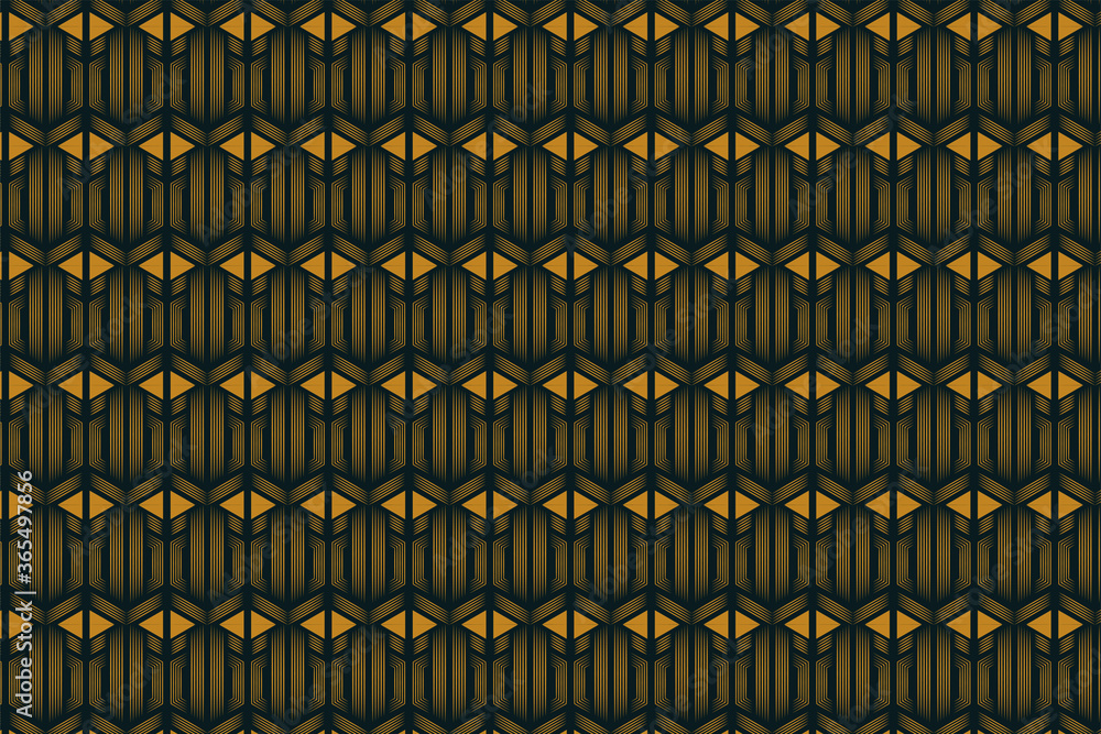 Poster combination of hexagon line and triangle shape use gold color made seamless pattern in dark green ba