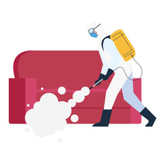 person in protective suit or clothing, spray to cleaning and disinfect virus in couch, covid 19 disease on white background vector illustration design