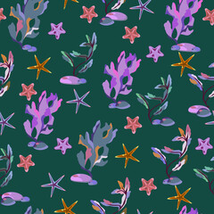 Seamless vector color pattern with shells. Hand drawn мarine background. Suitable for greetings, invitations, wrapping paper, textile.