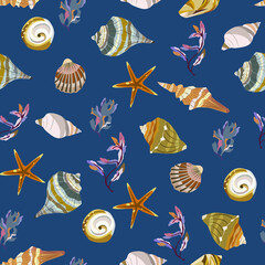 Seamless vector color pattern with shells. Hand drawn мarine background. Suitable for greetings, invitations, wrapping paper, textile.