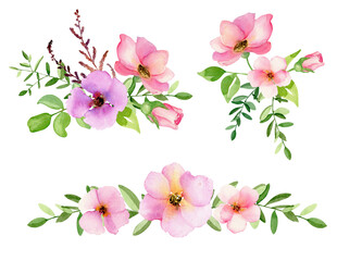 Fototapeta na wymiar Hand drawn watercolor pink rose hips set. Pink rose flowers and leaves isolated on white. Hand painted illustrations. 