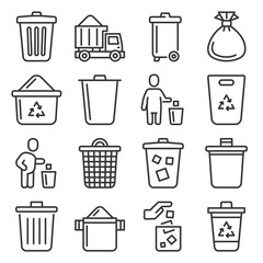 Garbage Icons Set on White Background. Line Style Vector