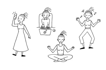Doodle girls set. Vector illustration of characters. Freehand drawing. Black and white outline