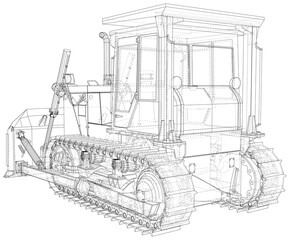Bulldozer in outline style. Wire-frame line isolated. Vector rendering of 3d.