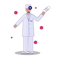 Young professional doctor in mask waving hand. Medical worker. Hospital staff. Cartoon character on white background. Vector illustration.