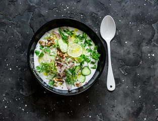 Yogurt cold soup with cucumber, radish, cilantro and nuts oil on a dark background, top view