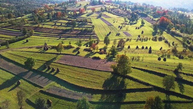 Rural landscape filmed from the air (Breb, Maramures, Romania)
