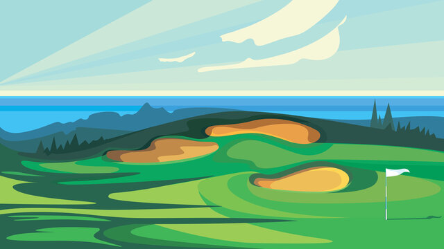 Green golf course. Illustration of outdoor sport.
