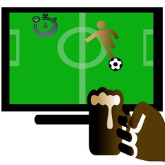 beer in hand on background of flat screen with football field and player dribbles a ball