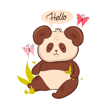 Cute panda and the inscription hello isolate on a white background. Vector graphics.