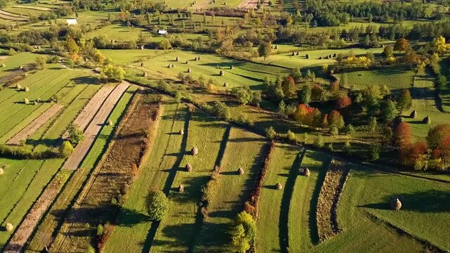 Rural landscape filmed from the air (Breb, Maramures, Romania)