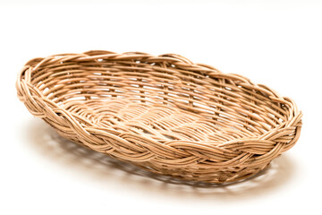 Obraz premium Wicker basket, Wood Serving Tray, Kitchen Tray. Isolated white background. 