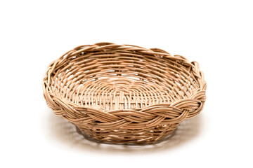 Wicker basket, Wood Serving Tray, Kitchen Tray. Isolated white background.
