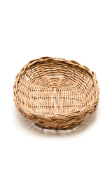 Wicker basket, Wood Serving Tray, Kitchen Tray. Isolated white background.
