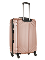 brown plastic suitcase on wheels
