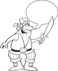 Black and white illustration of a smiling pirate holding a cutlass with a caption balloon.