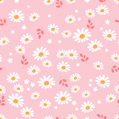 Floral seamless pattern with white daisies flower and leaves on a pink background vector.