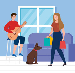 couple in the house, man playing guitar and man with bags shopping vector illustration design