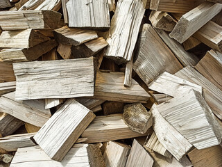 Close-up dry firewood lies in a heap. Firewood for the stove, sauna, bath, barbecue prepared in the summer for the winter. Chopped wood lay on top of each other. Wood background.