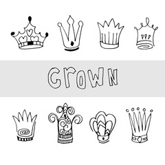 Hand drawn doodle crowns. King crown sketches.Crown logo graffiti icon.