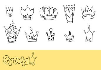 Hand drawn doodle crowns. King crown sketches.Crown logo graffiti icon.