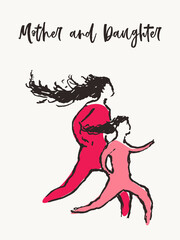 Mother child running silhouette vector sketch draw