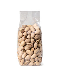 Pistachios in Plastic Package, with Shell - Close-Up - Isolated on White Background