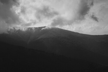 Panoramic view of the sunset in the Carpathian mountains.