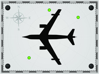 Airplane on a map background with radar elements. Aircraft. Wind rose. Vector illustration.