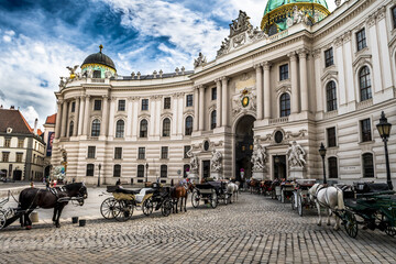 Presidents Residence, Wiener Hofburg, With Fiaker Horses And Coaches In The Inner City Of Vienna In...