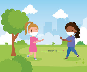 back to school for new normal lifestyle concept, girls wearing medical mask and social distancing protect coronavirus covid 19, on outdoor vector illustration design