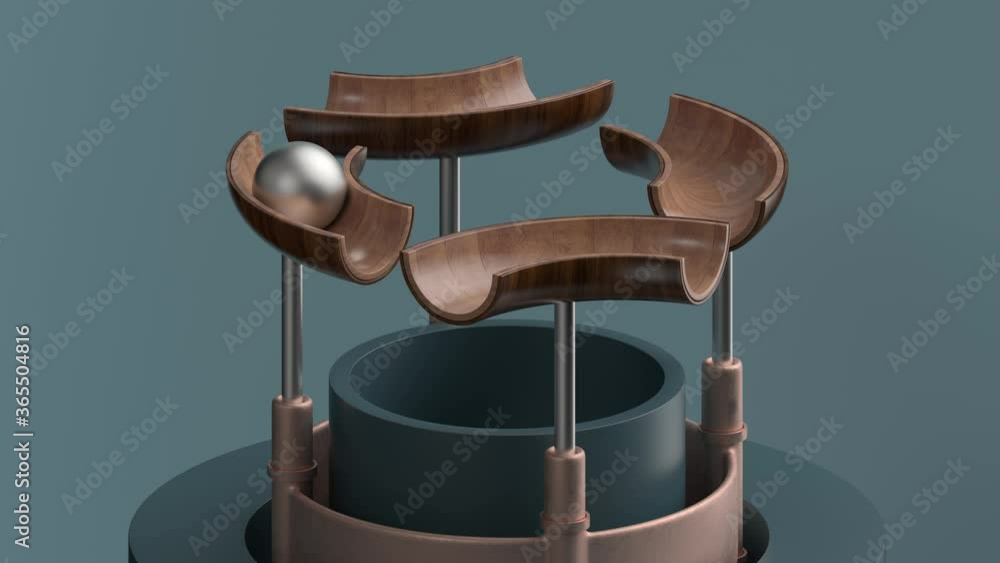 Poster 3d render of looped animation with metal ball rolling on wood circle segmented geometry. satisfying 