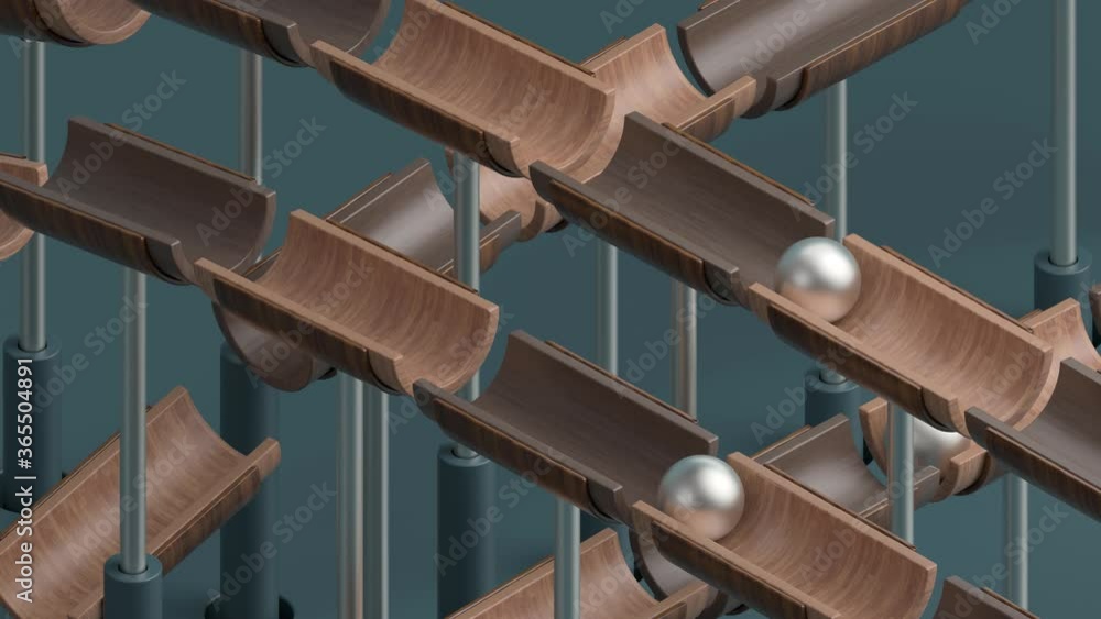 Poster 3d render of looped animation with metal ball rolling on wood geometry. satisfying video. smooth lig