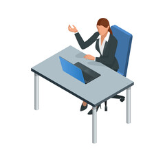 Isometric Business women stylish isolated on white. Business ladies, business woman character pose. Business woman working at the computer