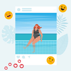 Social media influencer. Woman blogger at summer in the social profile frame. Summer selfie concept. Different social network icons. Flat vector illustration