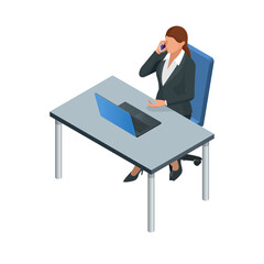 Isometric Business women stylish isolated on white. Business ladies, business woman character pose. Business woman working at the computer