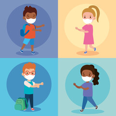 cute children students wearing medical mask to prevent coronavirus covid 19 vector illustration design