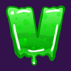 Slime font type letter V latin alphabet. Green bubbling toxic mold