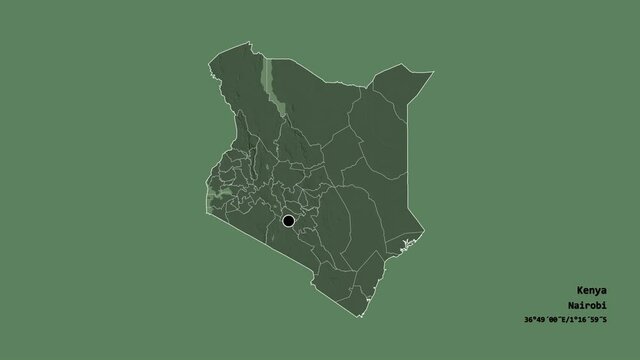 Kericho, county of Kenya, with its capital, localized, outlined and zoomed with informative overlays on a administrative map in the Stereographic projection. Animation 3D