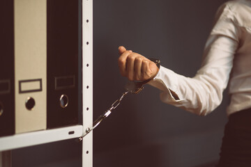 Businesswoman locked in office. Female hand handcuffed to office bookcase with folders. Lock down concept. Close up shot. Tinted image.