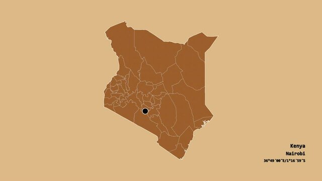 Kericho, county of Kenya, with its capital, localized, outlined and zoomed with informative overlays on a solid patterned map in the Stereographic projection. Animation 3D