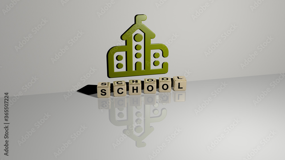 Poster 3D graphical image of SCHOOL vertically along with text built by metallic cubic letters from the top perspective, excellent for the concept presentation and slideshows. illustration and education