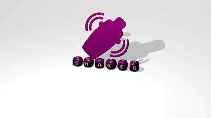3D representation of SHAKER with icon on the wall and text arranged by metallic cubic letters on a mirror floor for concept meaning and slideshow presentation. background and cocktail